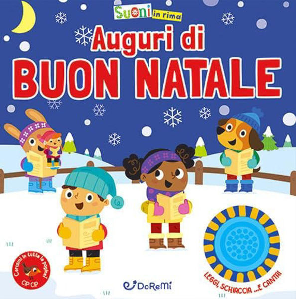 Copertina del libro “Suoni in rima – Auguri di Buon Natale” con bambini che cantano e pulsante sonoro