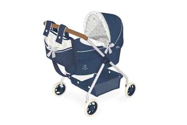 Carrozzina giocattolo vintage blu con borsa coordinata