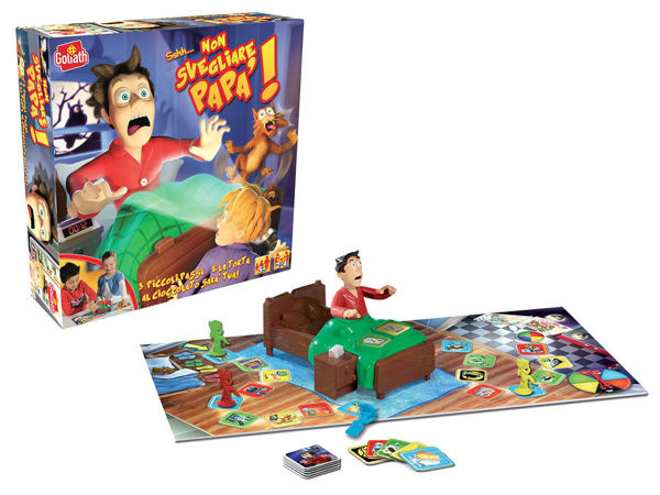 Gioco da tavolo Non Svegliare Papà con papà sul letto, tabellone e carte