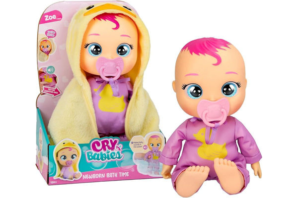 Cry Babies New Born Zoe con accappatoio a tema anatroccolo e pigiamino lilla