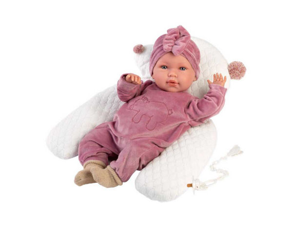 Bambola Reborn Mimì 42 cm con corpo morbido, tutina rosa e cuscino sagomato
