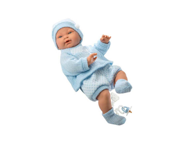 Bambola Reborn Hugo 45 cm in vinile con abbigliamento azzurro lavorato a maglia