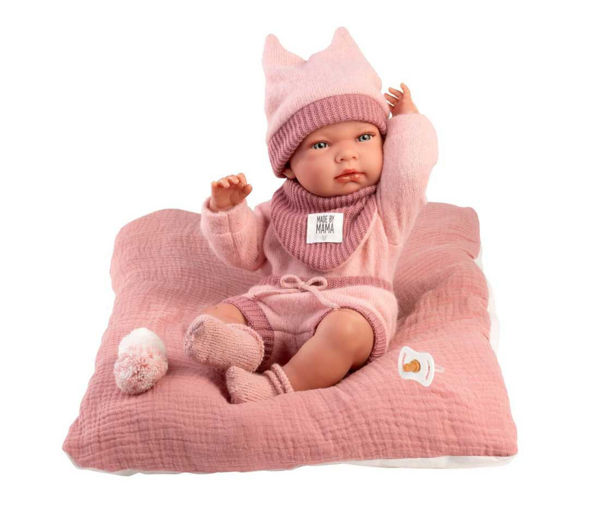 Bambola Reborn Nica 40 cm in vinile con cuscino rosa e outfit coordinato