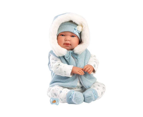 Bambola Reborn Tino 44 cm con corpo morbido, giacca e cappello azzurri