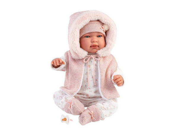 Bambola Reborn Tina 44 cm con corpo morbido, giacca rosa e cappello coordinato