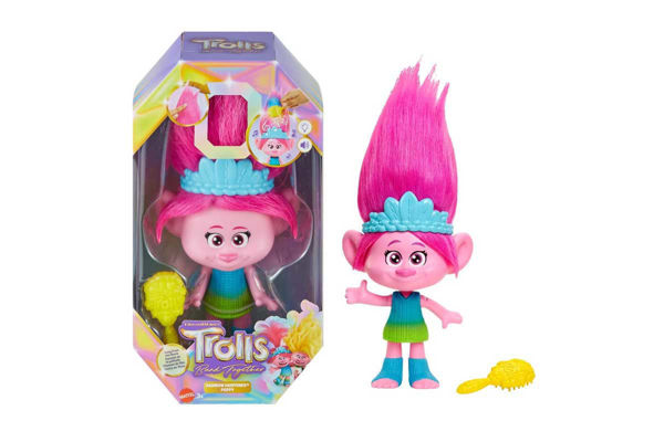 Poppy dei Trolls con look colorato e capelli rosa