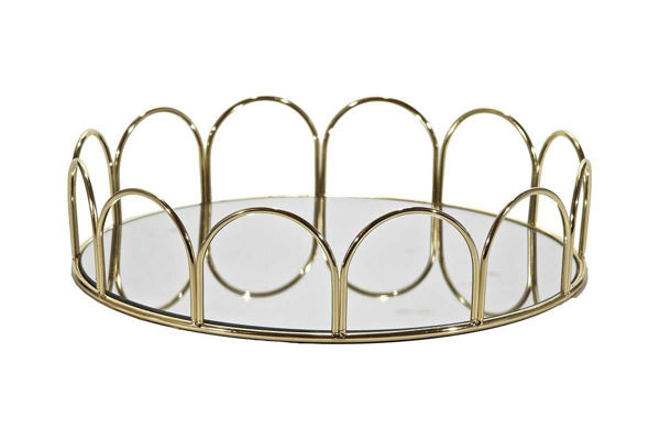 Vassoio rotondo con base a specchio e struttura oro da 27 cm