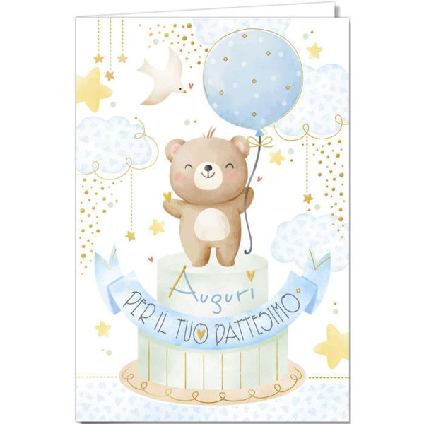 biglietto augurale battesimo maschietto con orsetto e palloncino celeste