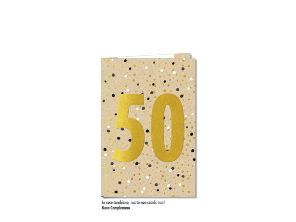 biglietto auguri 50 anni con decorazioni festive dorate