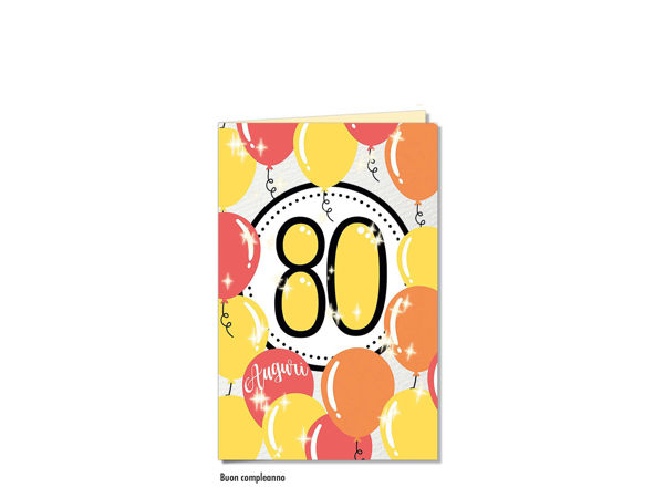 biglietto auguri 80 anni con numeri e palloncini colorati