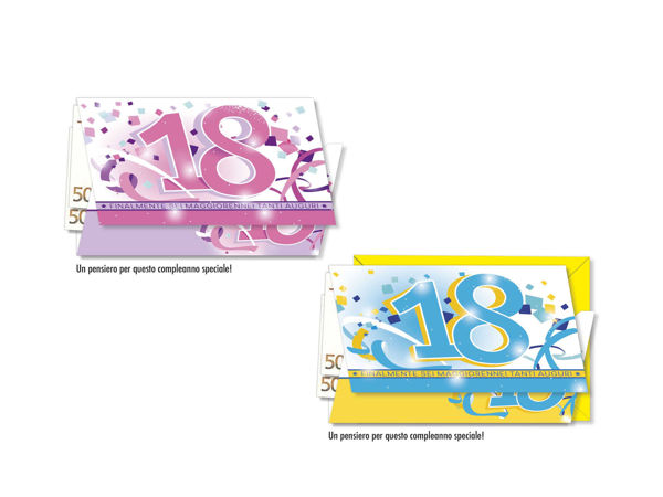 Biglietto auguri 18 anni portasoldi con grafica moderna e tasca interna