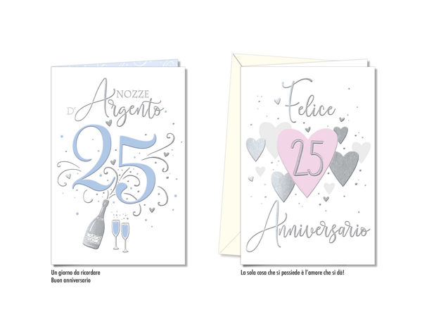 Biglietto auguri 25 anni anniversario con grafica elegante ispirata alle nozze d’argento