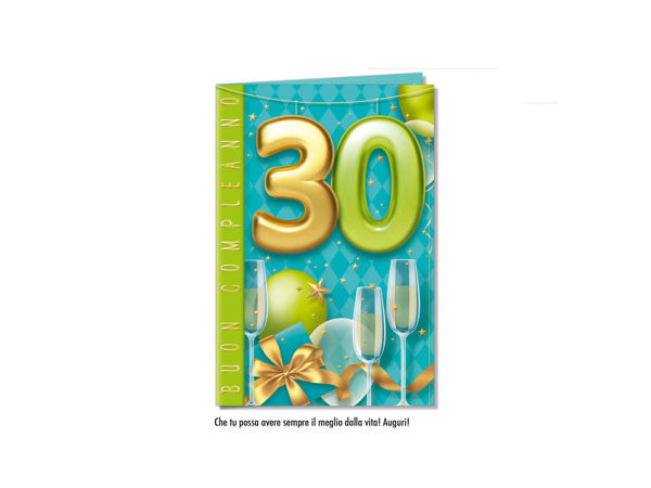 Biglietto auguri 30 anni con grafica moderna e festosa