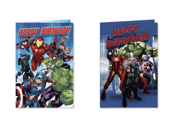 Biglietto auguri Avengers con supereroi Marvel in grafica colorata