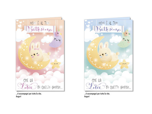 Biglietto auguri battesimo con grafica delicata e colori tenui