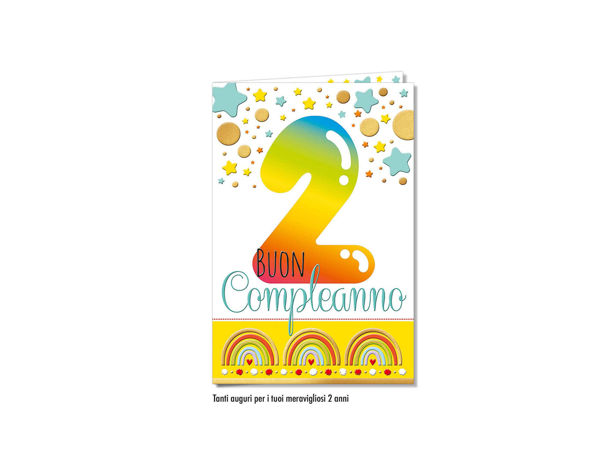 Biglietto auguri compleanno 2 anni con grafica colorata e tema infantile