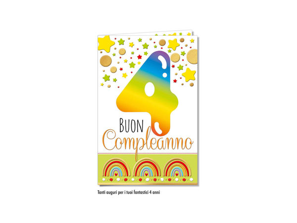 Biglietto auguri compleanno 4 anni con grafica colorata e tema infantile