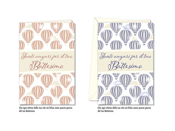 Biglietto auguri con mongolfiera glitterata e grafica luminosa
