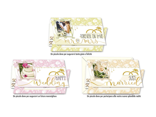 Biglietto auguri nozze portasoldi con grafica elegante e tasca interna