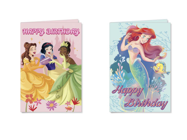 Biglietto auguri Principesse Disney con grafiche colorate e personaggi ufficiali