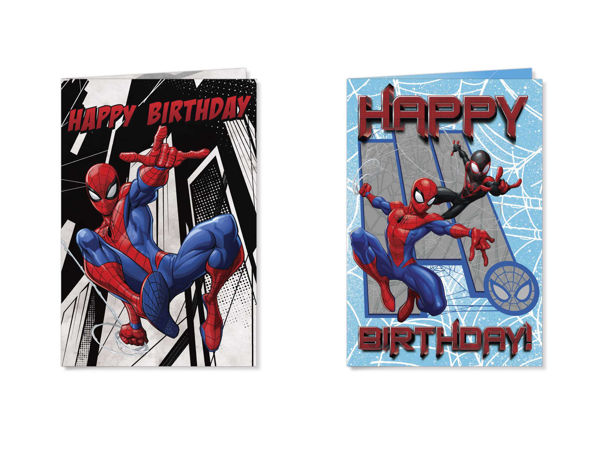 Biglietto di auguri Spiderman con grafica Marvel dinamica e colorata
