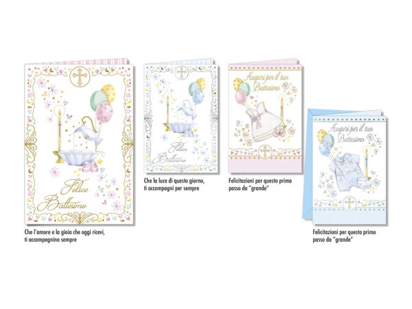 Biglietto di auguri per Battesimo religioso con simboli cristiani eleganti