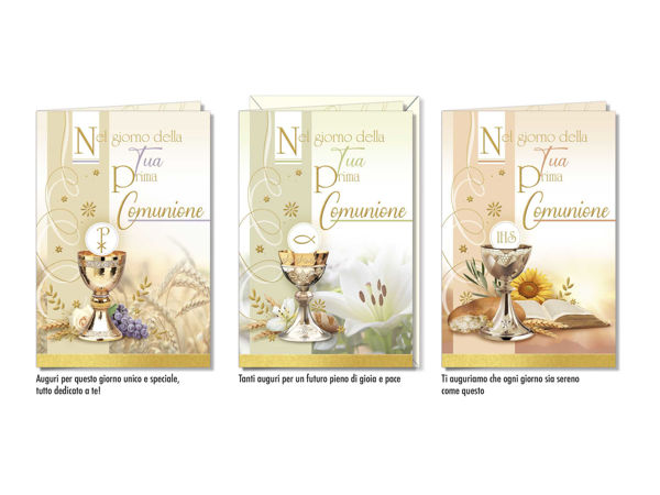 Biglietto di auguri per Comunione con tre soggetti simbolici cristiani