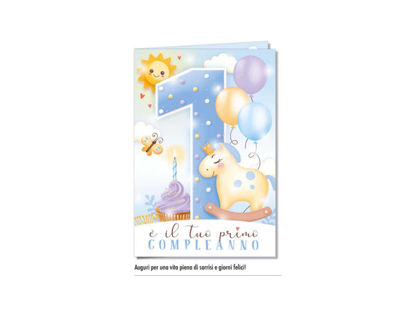 Biglietto di auguri primo compleanno azzurro con grafica dolce per bambino