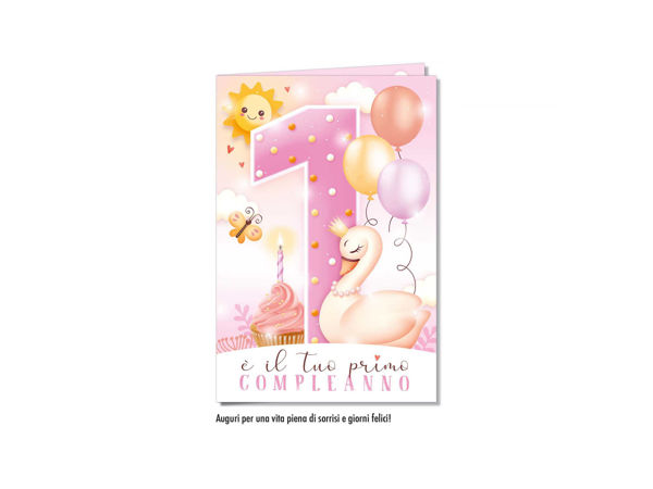 Biglietto di auguri primo compleanno rosa con grafica dolce per bambina