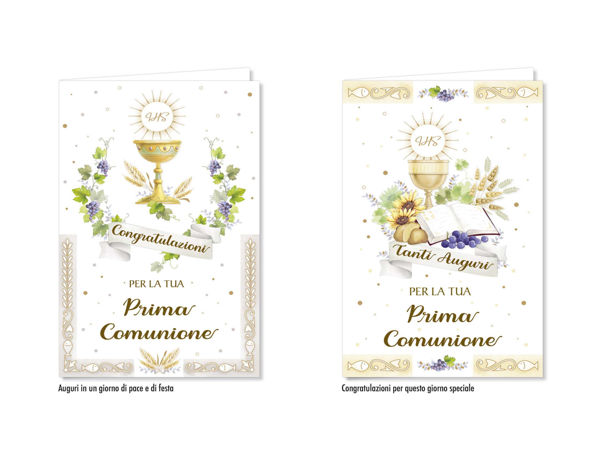 Mini biglietto di Prima Comunione con simboli religiosi delicati