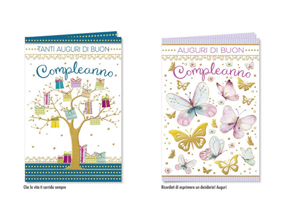 Minibiglietto di compleanno formato 8,5 x 13,5 cm con grafica festosa