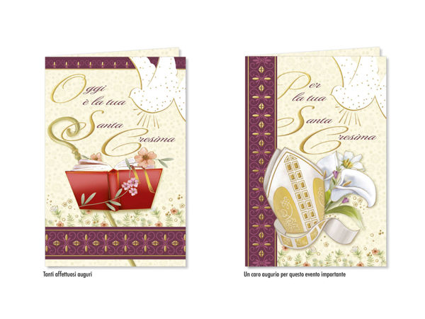 Minibiglietto Cresima 8,5 x 13,5 cm con simboli religiosi delicati