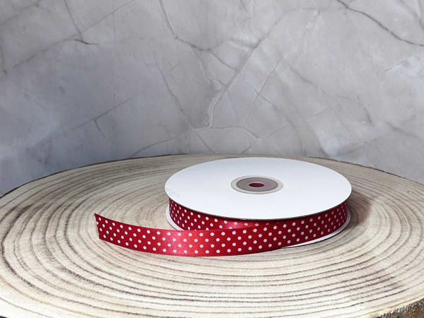 Rotolo nastro doppio raso rosso a pois vari spessori 50 metri