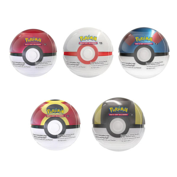 Poké Ball Tin assortita Pokémon 2025, confezione a forma di sfera con logo Pokémon, contenitore collezionabile.