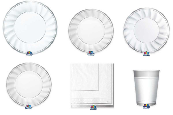 Coordinato tavola Classic Silver Metal con bicchieri, piatti in varie misure e tovaglioli silver