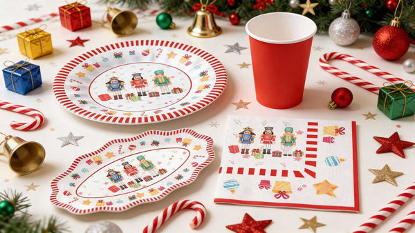 Coordinato tavola Schiaccianoci con piatti fondi, piatti grandi, raviere e tovaglioli natalizi