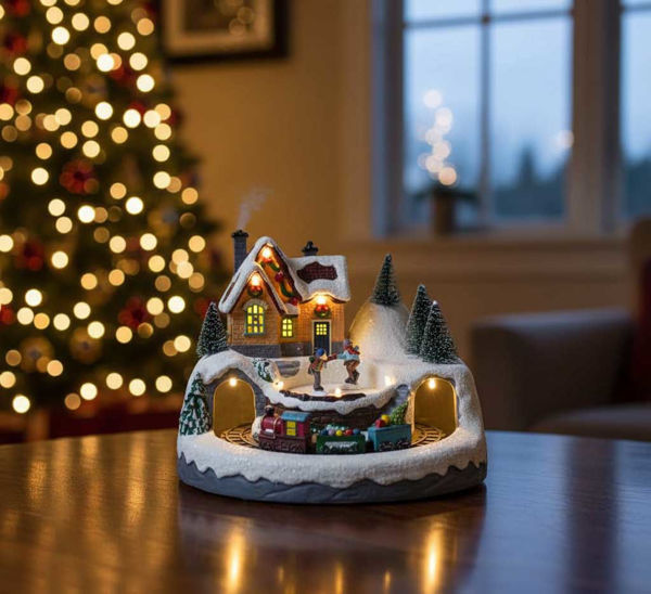 Paesaggio natalizio con casetta, luci, musica e trenino in movimento