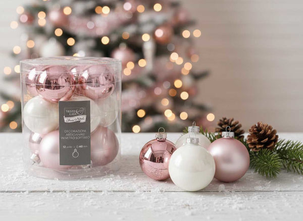 Palle natalizie in vetro rosa e bianco