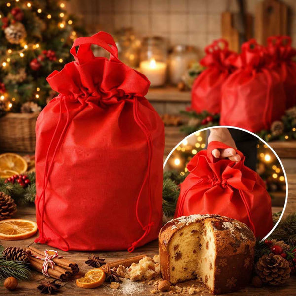 Buste per panettone in TNT rosso con chiusura a coulisse