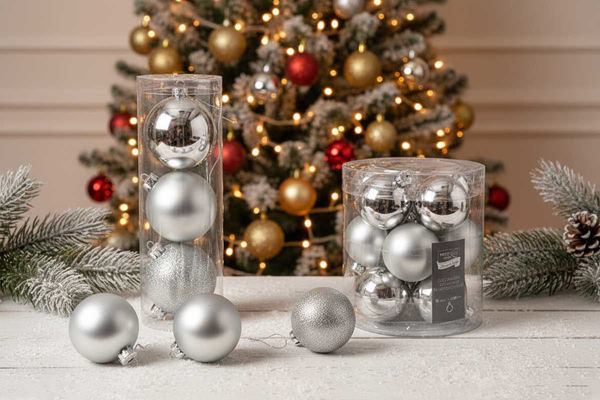 Palle natalizie in vetro argento per decorazione albero di Natale