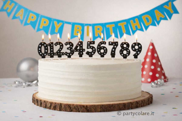 Candele a pois nere a forma di numero 0–9 per torte di compleanno
