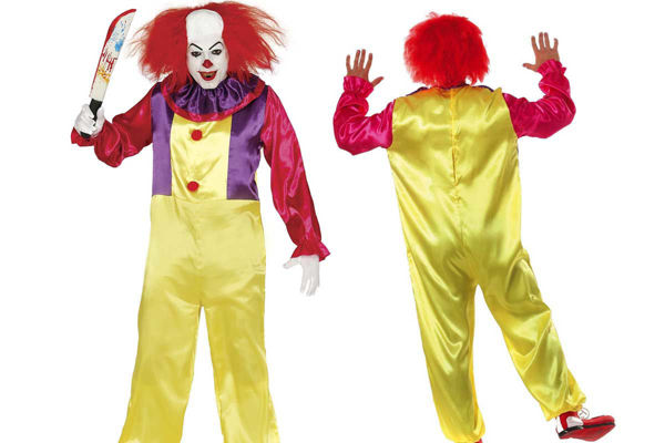 Costume clown killer adulto con indicazione taglie e codici prodotto