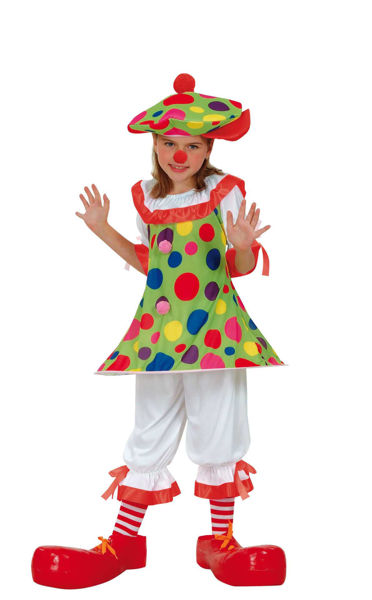 Costume monella clown per bambina con indicazione taglie e codici prodotto