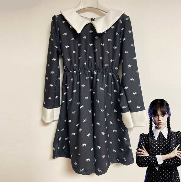 Costume Mercoledì nero con decoro per bambina con indicazione taglie