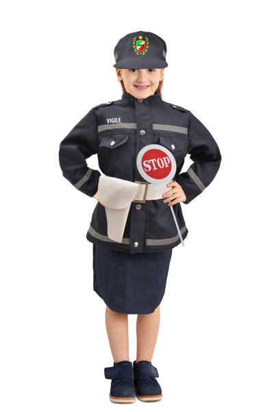 Costume vigile urbano per bambina con indicazione taglie e codice prodotto