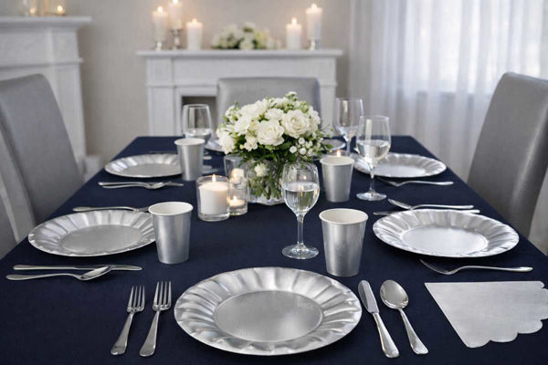 Coordinato tavola Wavy Argento Metal con bicchieri, piatti assortiti e piatti fondi silver