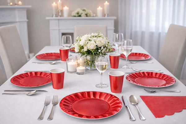 Set coordinato tavola Wavy Rosso Metal con piatti fondi, bicchieri cc250 e tovaglioli 33x33 natalizi