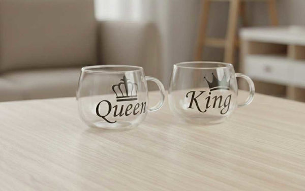 Set 2 tazze in vetro borosilicato 350 ml Queen e King