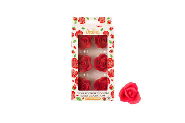 6 rose rosse in zucchero Ø 5 cm per torte e cupcake