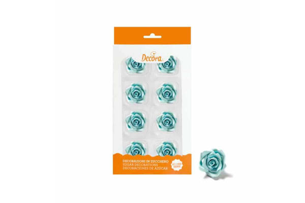 8 rose medie azzurre in zucchero Ø 3,5 cm per torte e cupcakes